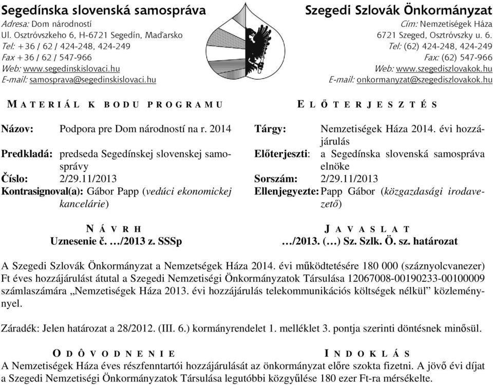 11/2013 Kontrasignoval(a): Gábor Papp (vedúci ekonomickej kancelárie) Ellenjegyezte: Papp Gábor (közgazdasági irodavezető) N Á V R H Uznesenie č. /2013 z. SSSp J A V A S L A T /2013. ( ) Sz. Szlk. Ö.