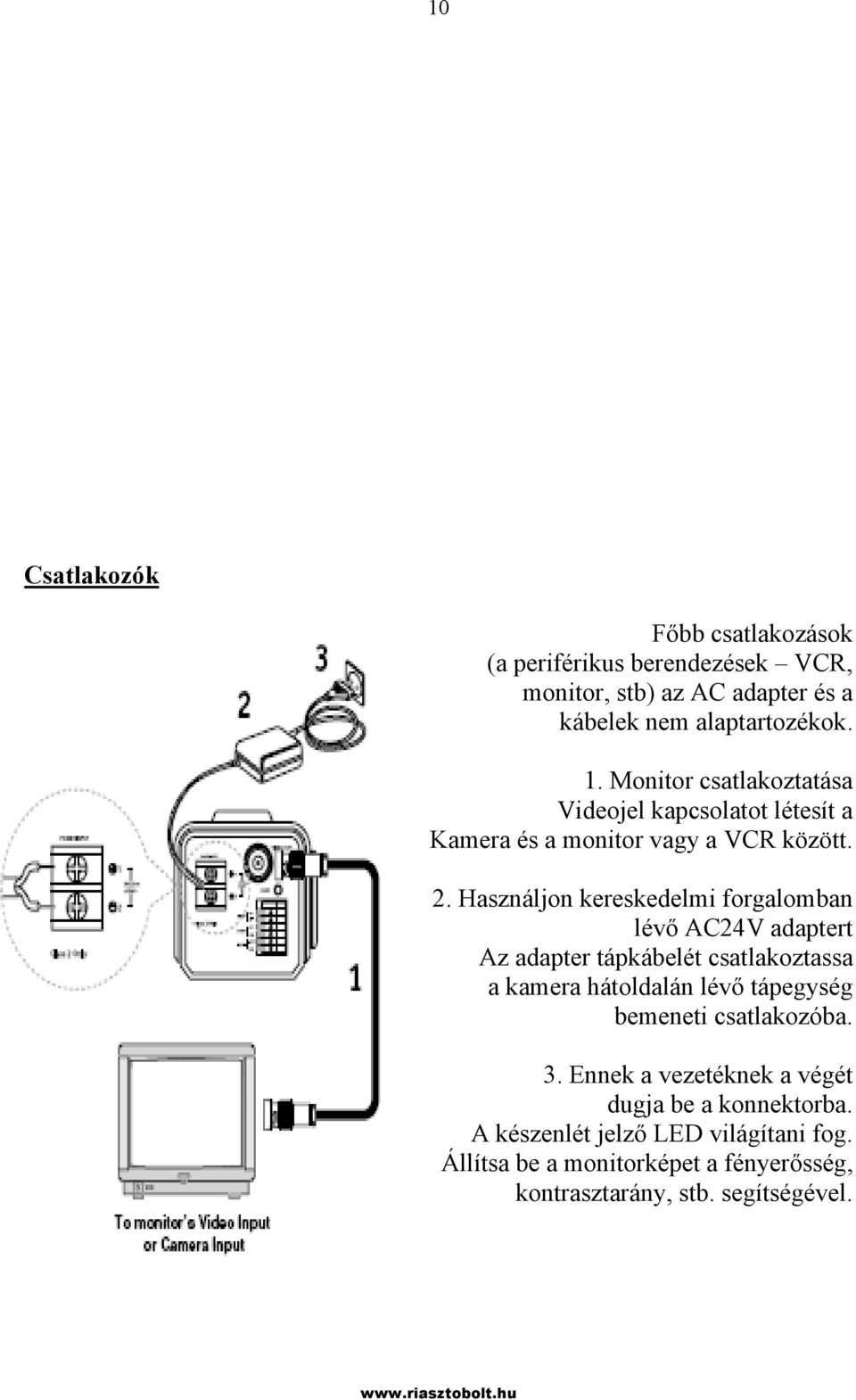 Használjon kereskedelmi forgalomban lévő AC24V adaptert Az adapter tápkábelét csatlakoztassa a kamera hátoldalán lévő tápegység bemeneti