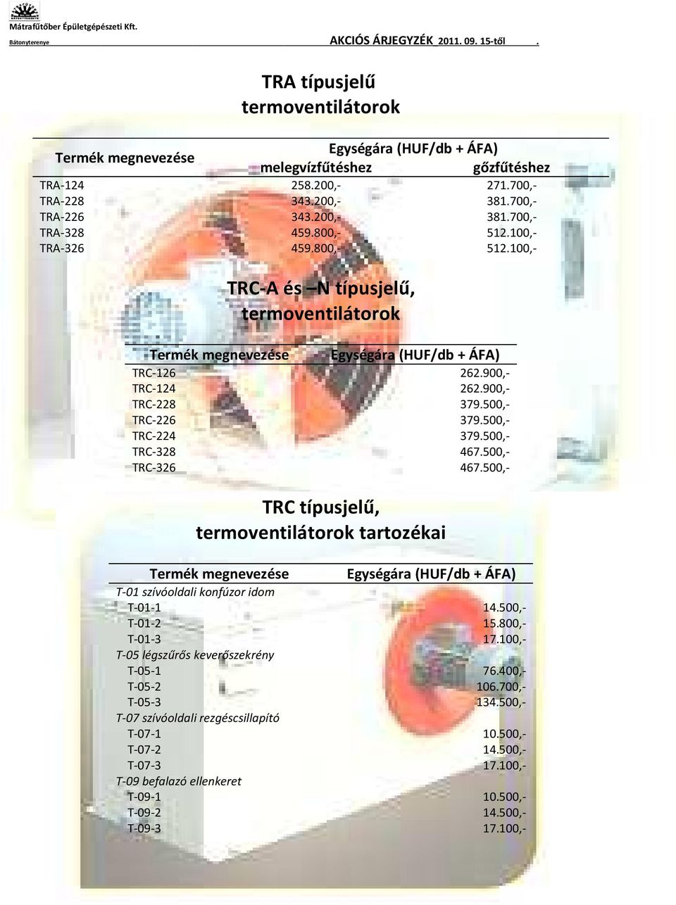 500,- TRC-326 467.500,- TRC típusjelű, termoventilátorok tartozékai T-01 szívóoldali konfúzor idom T-01-1 14.500,- T-01-2 15.800,- T-01-3 17.
