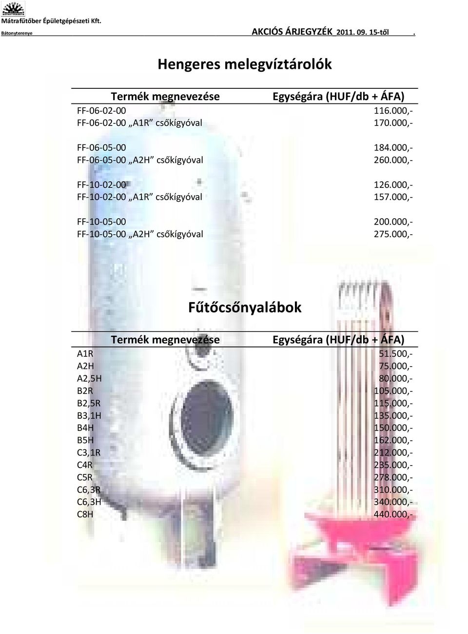 000,- FF-10-05-00 A2H csőkígyóval 275.000,- Fűtőcsőnyalábok A1R 51.500,- A2H 75.000,- A2,5H 80.000,- B2R 105.