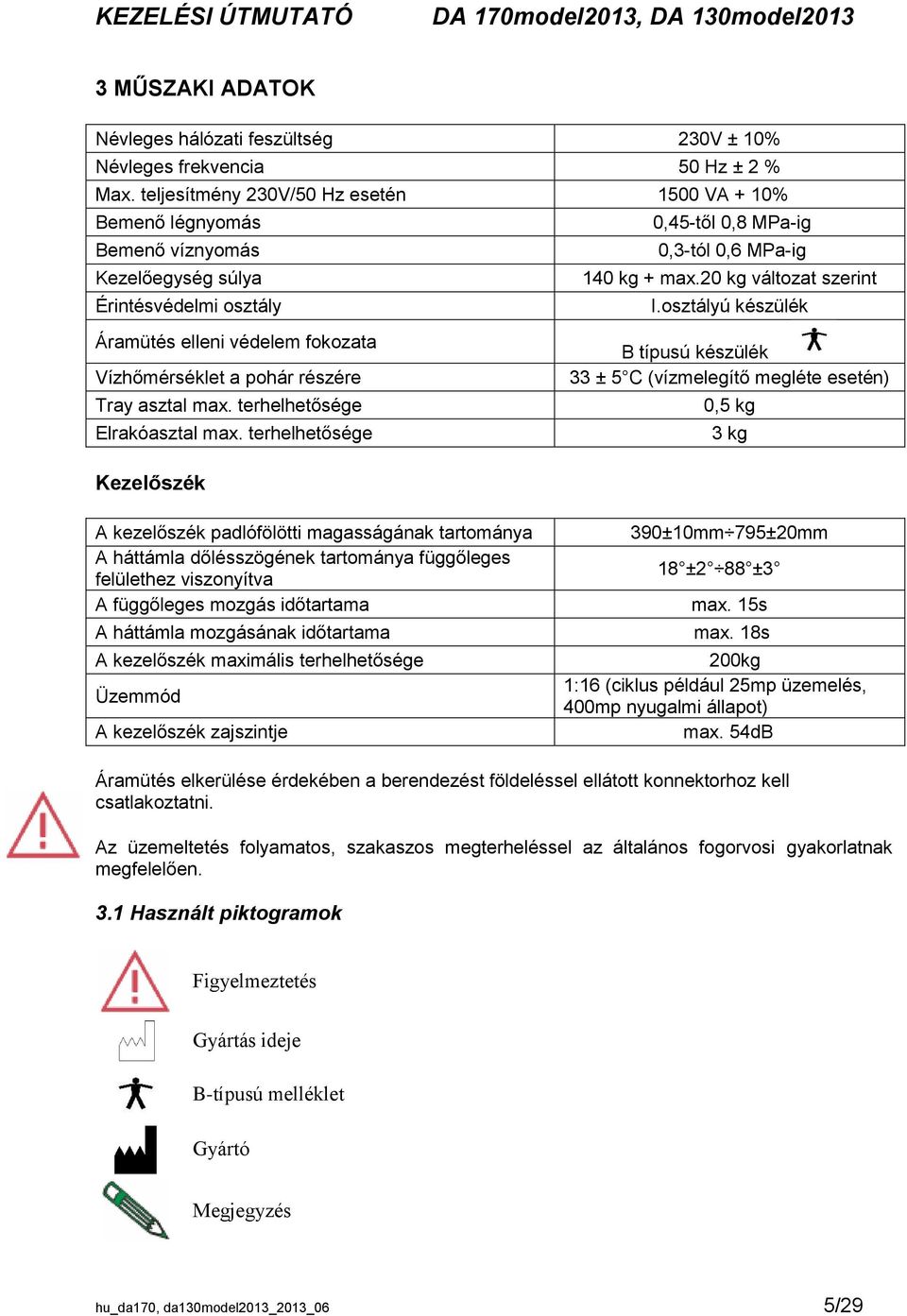 osztályú készülék Áramütés elleni védelem fokozata B típusú készülék Vízhőmérséklet a pohár részére 33 ± 5 C (vízmelegítő megléte esetén) Tray asztal max. terhelhetősége 0,5 kg Elrakóasztal max.