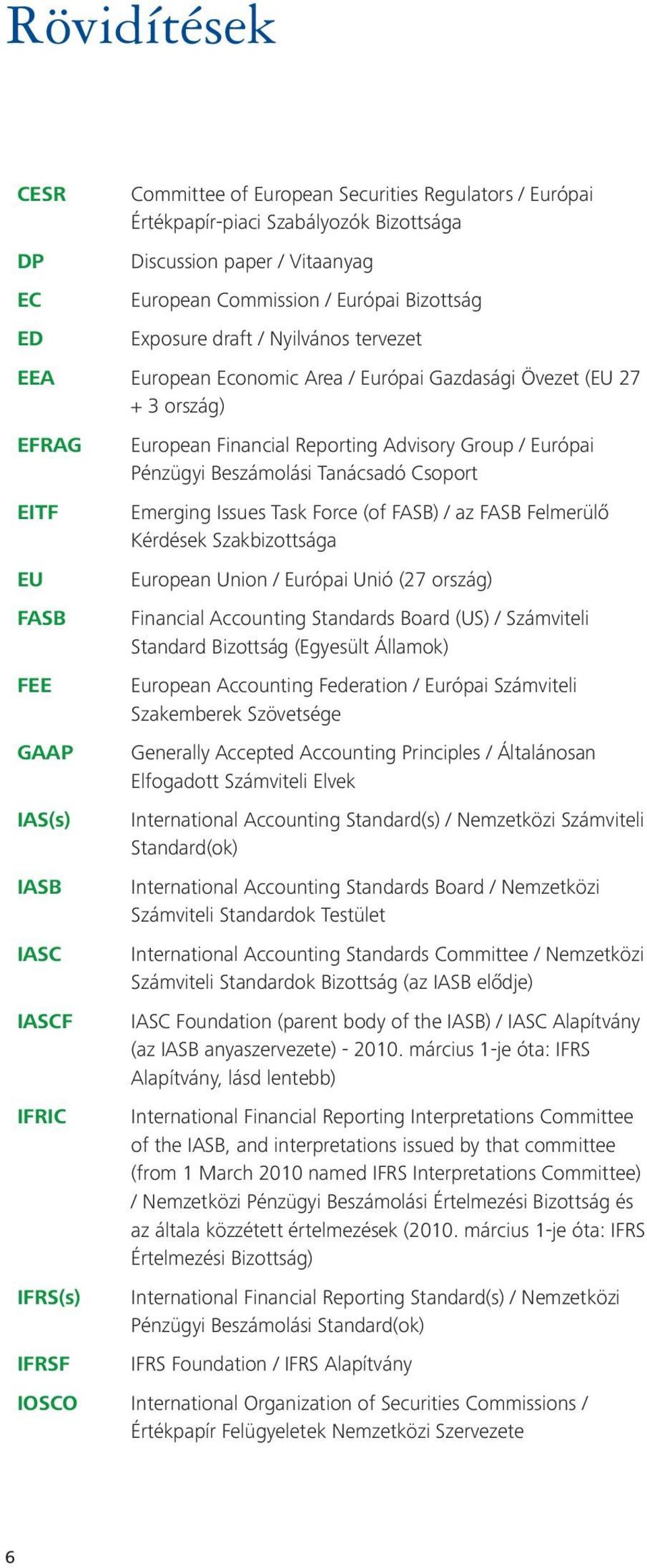 Advisory Group / Európai Pénzügyi Beszámolási Tanácsadó Csoport Emerging Issues Task Force (of FASB) / az FASB Felmerülő Kérdések Szakbizottsága European Union / Európai Unió (27 ország) Financial