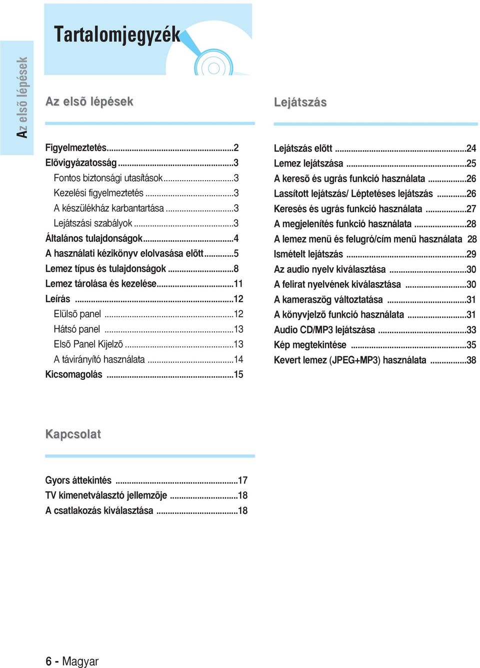 .. Elsõ Panel Kijelzõ... távirányító használata...4 Kicsomagolás...5 Lejátszás elõtt...4 Lemez lejátszása...5 keresõ és ugrás funkció használata...6 Lassított lejátszás/ Léptetéses lejátszás.