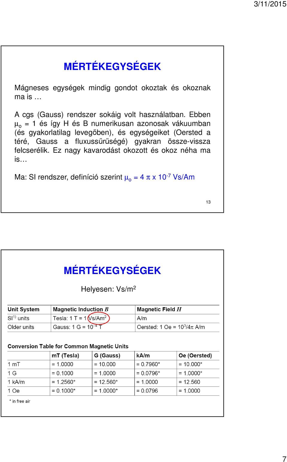 Ebben µ o = 1 és így H és B numerikusan azonosak vákuumban (és gyakorlatilag levegőben), és egységeiket