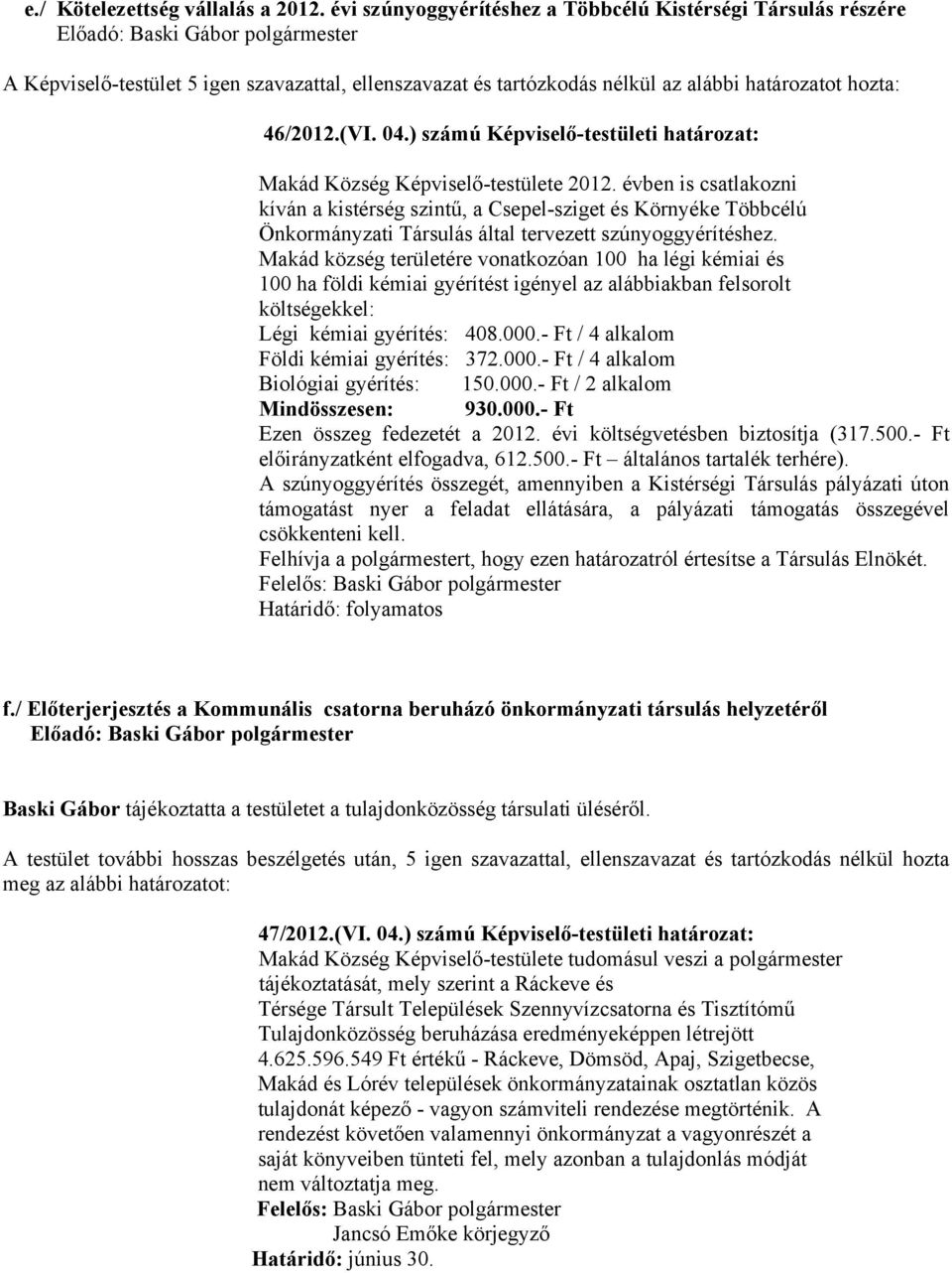 Makád község területére vonatkozóan 100 ha légi kémiai és 100 ha földi kémiai gyérítést igényel az alábbiakban felsorolt költségekkel: Légi kémiai gyérítés: 408.000.