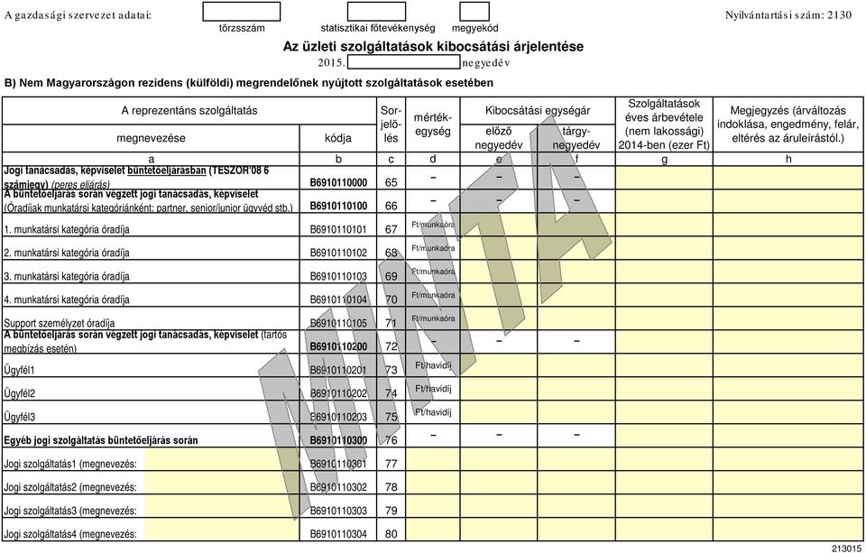 nyév B) Nm Mayarorszáon rzins (külöli) mrnlőnk nyújtott szoláltatások stébn A rprzntáns szoláltatás kója b B6910110000 B6910110100 B6910110101 65 66 67 c Kibocsátási yséár lőző tárynyév nyév évs