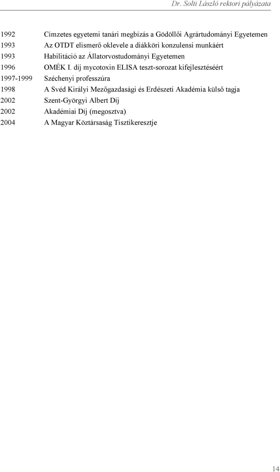 díj mycotoxin ELISA teszt-sorozat kifejlesztéséért 1997-1999 Széchenyi professzúra 1998 A Svéd Királyi