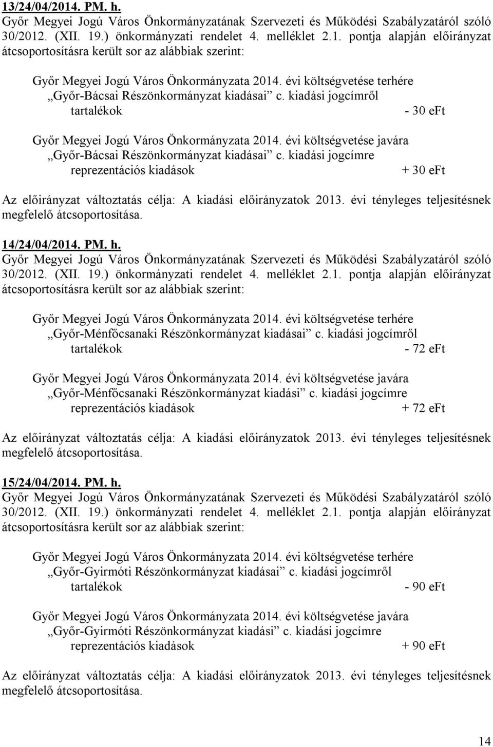 évi tényleges teljesítésnek megfelelő átcsoportosítása. 14/24/04/2014. PM. h. Győr-Ménfőcsanaki Részönkormányzat kiadásai c.