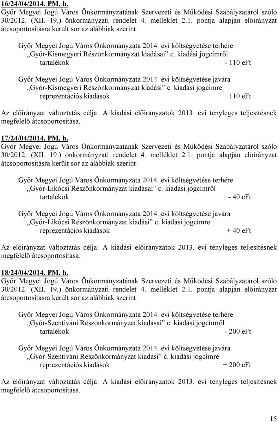 évi tényleges teljesítésnek megfelelő átcsoportosítása. 17/24/04/2014. PM. h. Győr-Likócsi Részönkormányzat kiadásai c. kiadási jogcímről tartalékok - 40 eft Győr Megyei Jogú Város Önkormányzata 2014.