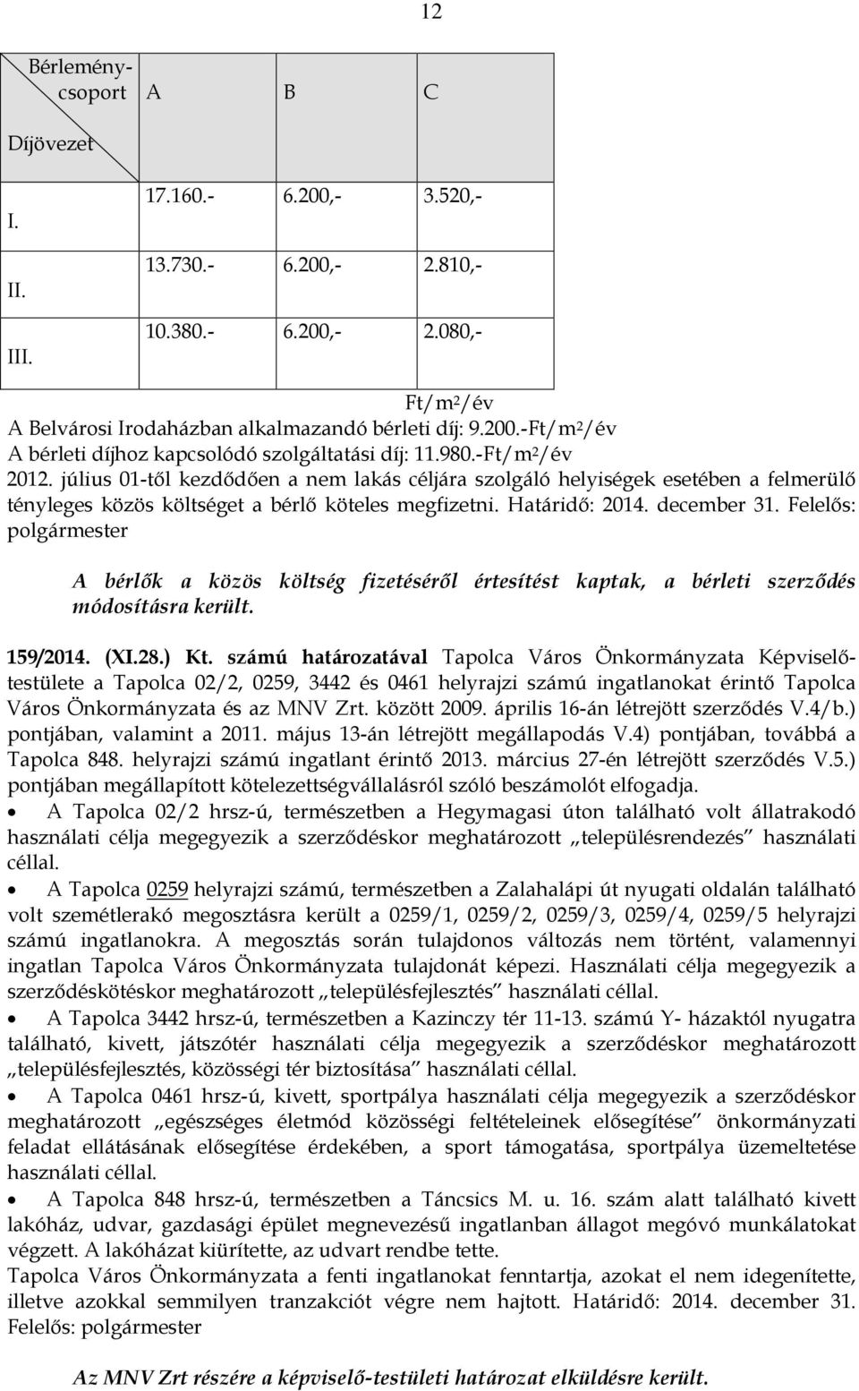 Felelős: polgármester A bérlők a közös költség fizetéséről értesítést kaptak, a bérleti szerződés módosításra került. 159/2014. (XI.28.) Kt.