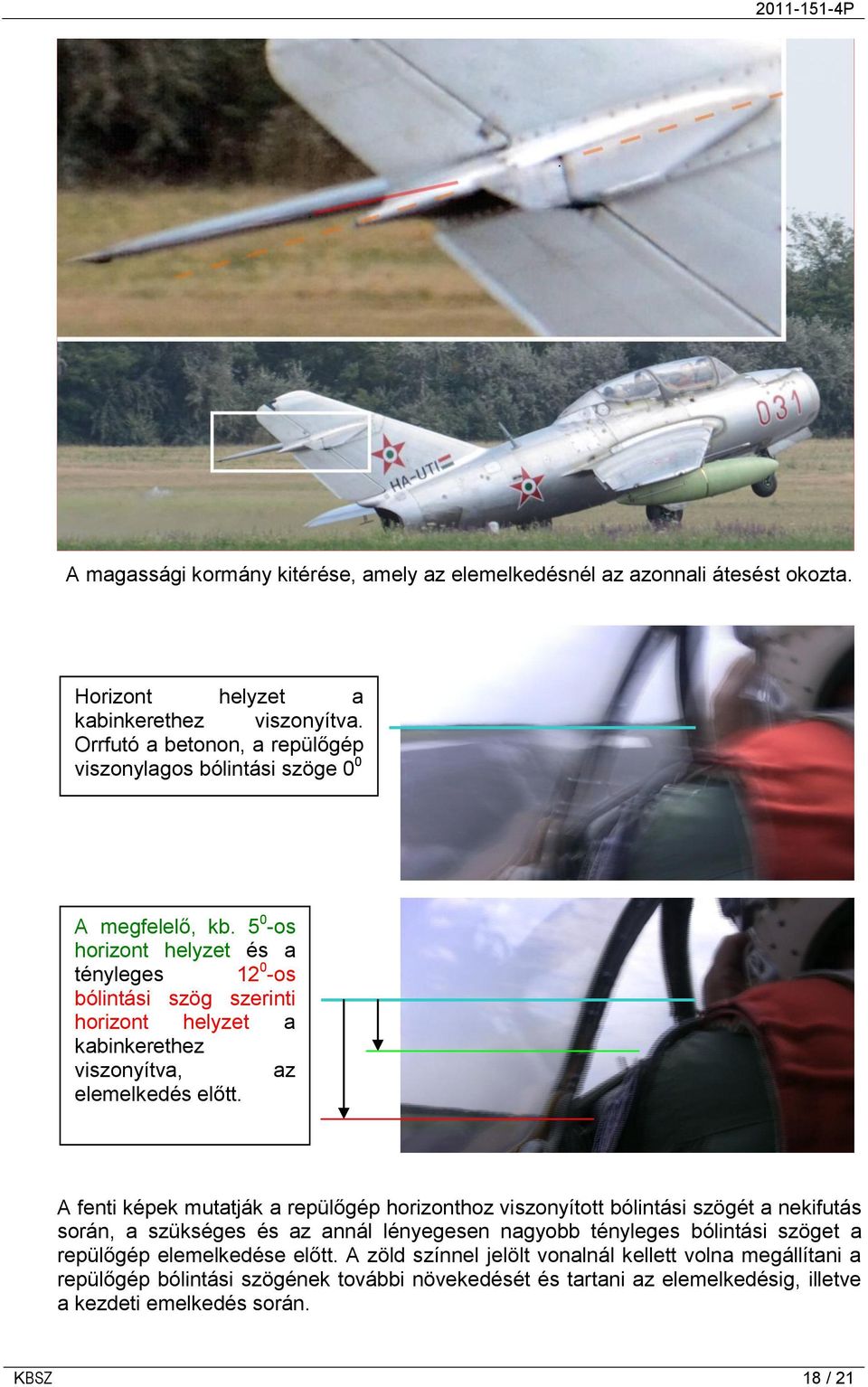 5 0 -os horizont helyzet és a tényleges 12 0 -os bólintási szög szerinti horizont helyzet a kabinkerethez viszonyítva, az elemelkedés előtt.