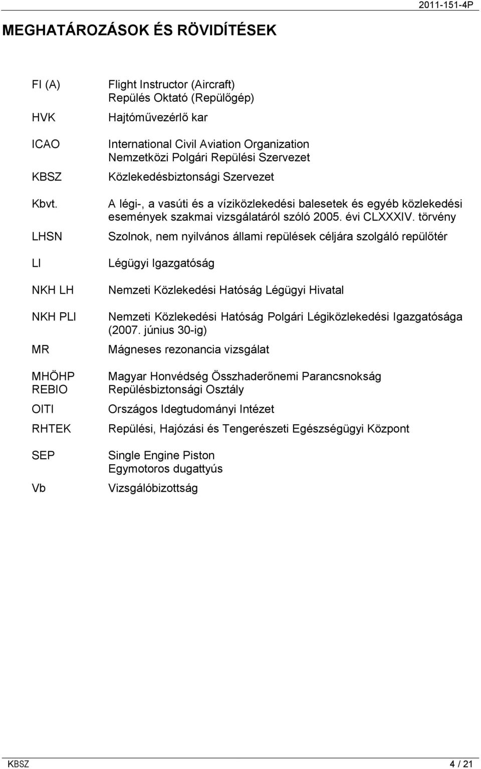 Repülési Szervezet Közlekedésbiztonsági Szervezet A légi-, a vasúti és a víziközlekedési balesetek és egyéb közlekedési események szakmai vizsgálatáról szóló 2005. évi CLXXXIV.