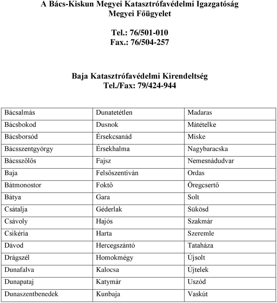 Bácsszőlős Fajsz Nemesnádudvar Baja Felsőszentiván Ordas Bátmonostor Foktő Öregcsertő Bátya Gara Solt Csátalja Géderlak Sükösd Csávoly Hajós Szakmár