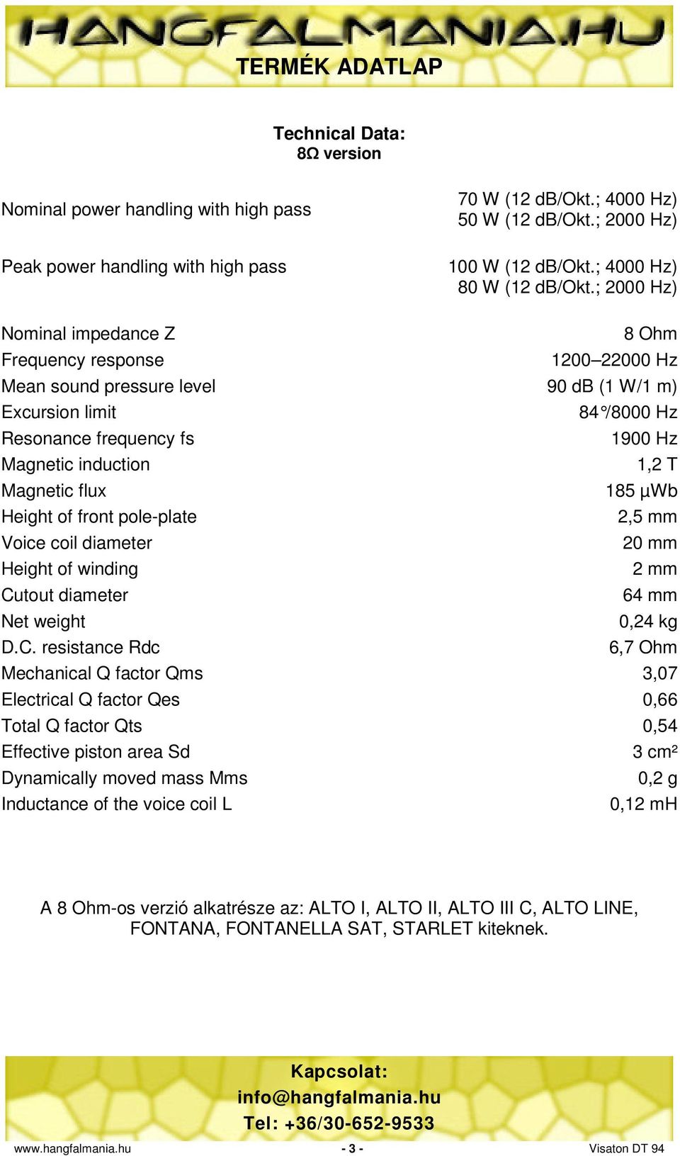 Magnetic flux 185 µwb Height of front pole-plate 2,5 mm Voice coil diameter 20 mm Height of winding 2 mm Cu