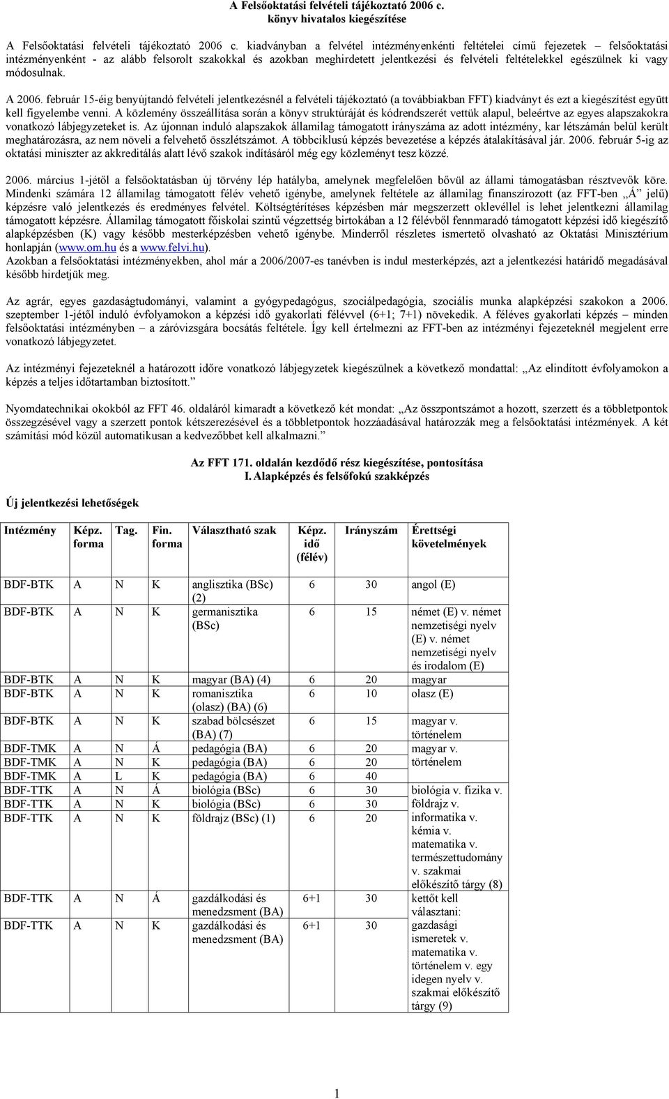 egészülnek ki vagy módosulnak. A 2006. február 15-éig benyújtandó felvételi jelentkezésnél a felvételi tájékoztató (a továbbiakban FFT) kiadványt és ezt a kiegészítést együtt kell figyelembe venni.