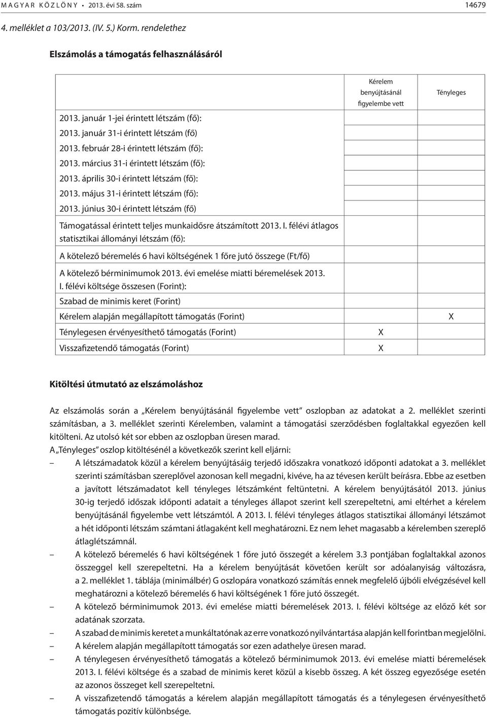 május 31-i érintett létszám (fő): 2013. június 30-i érintett létszám (fő) Támogatással érintett teljes munkaidősre átszámított 2013. I.