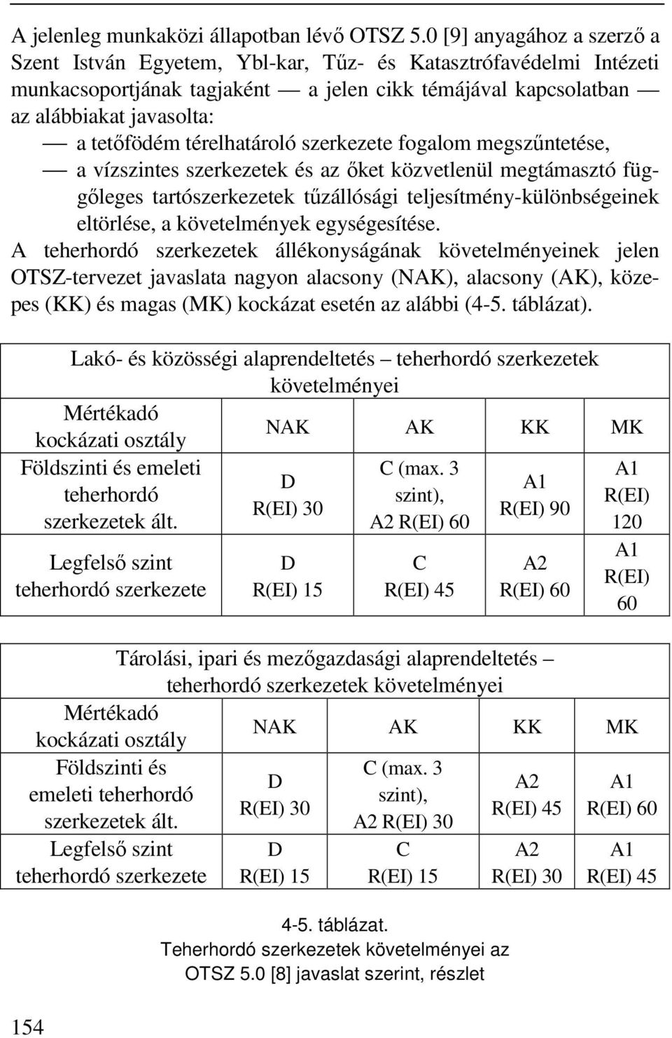 térelhatároló szerkezete fogalom megszűntetése, a vízszintes szerkezetek és az őket közvetlenül megtámasztó függőleges tartószerkezetek tűzállósági teljesítmény-különbségeinek eltörlése, a