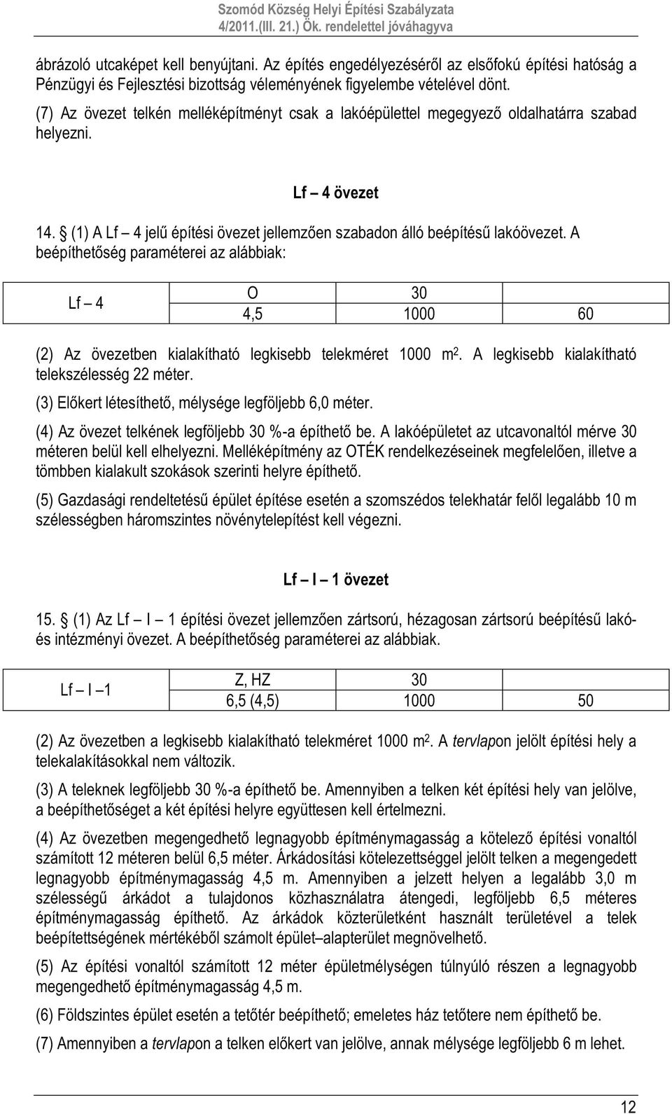 A beépíthetőség paraméterei az alábbiak: Lf 4 O 30 4,5 1000 60 (2) Az övezetben kialakítható legkisebb telekméret 1000 m 2. A legkisebb kialakítható telekszélesség 22 méter.