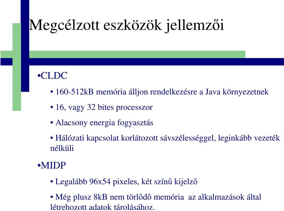 korlátozott sávszélességgel, leginkább vezeték nélküli MIDP Legalább 96x54 pixeles, két