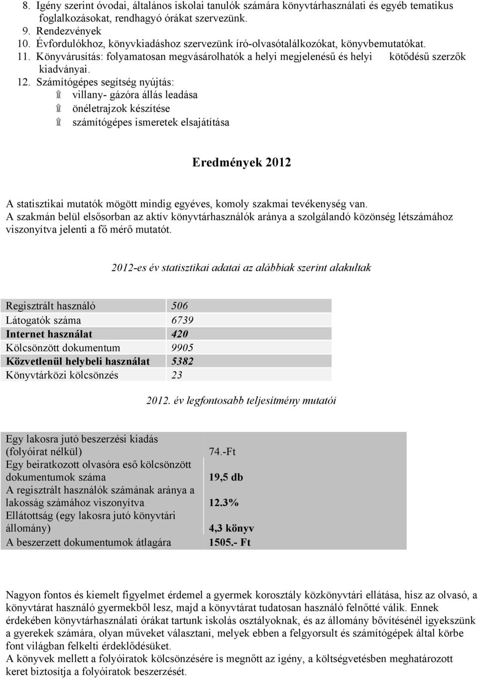 Számítógépes segítség nyújtás: villany- gázóra állás leadása önéletrajzok készítése számítógépes ismeretek elsajátítása Eredmények 2012 A statisztikai mutatók mögött mindig egyéves, komoly szakmai