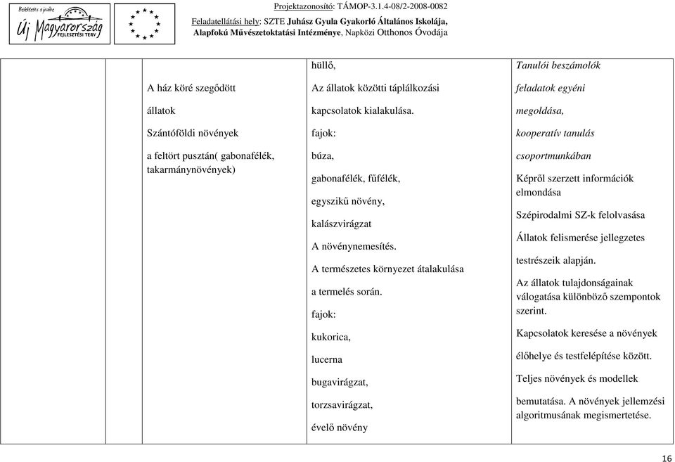 fajok: kukorica, lucerna bugavirágzat, torzsavirágzat, évelő növény Tanulói beszámolók feladatok egyéni megoldása, kooperatív tanulás csoportmunkában Képről szerzett információk elmondása