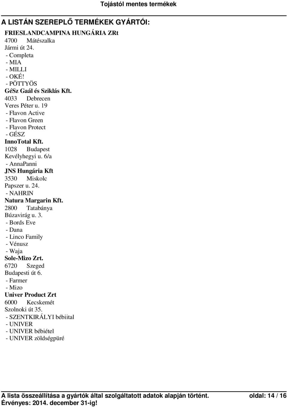 6/a - AnnaPanni JNS Hungária Kft 3530 Miskolc Papszer u. 24. - NAHRIN Natura Margarin Kft. 2800 Tatabánya Búzavirág u. 3. - Bords Eve - Dana - Linco Family - Vénusz - Waja Sole- Zrt.