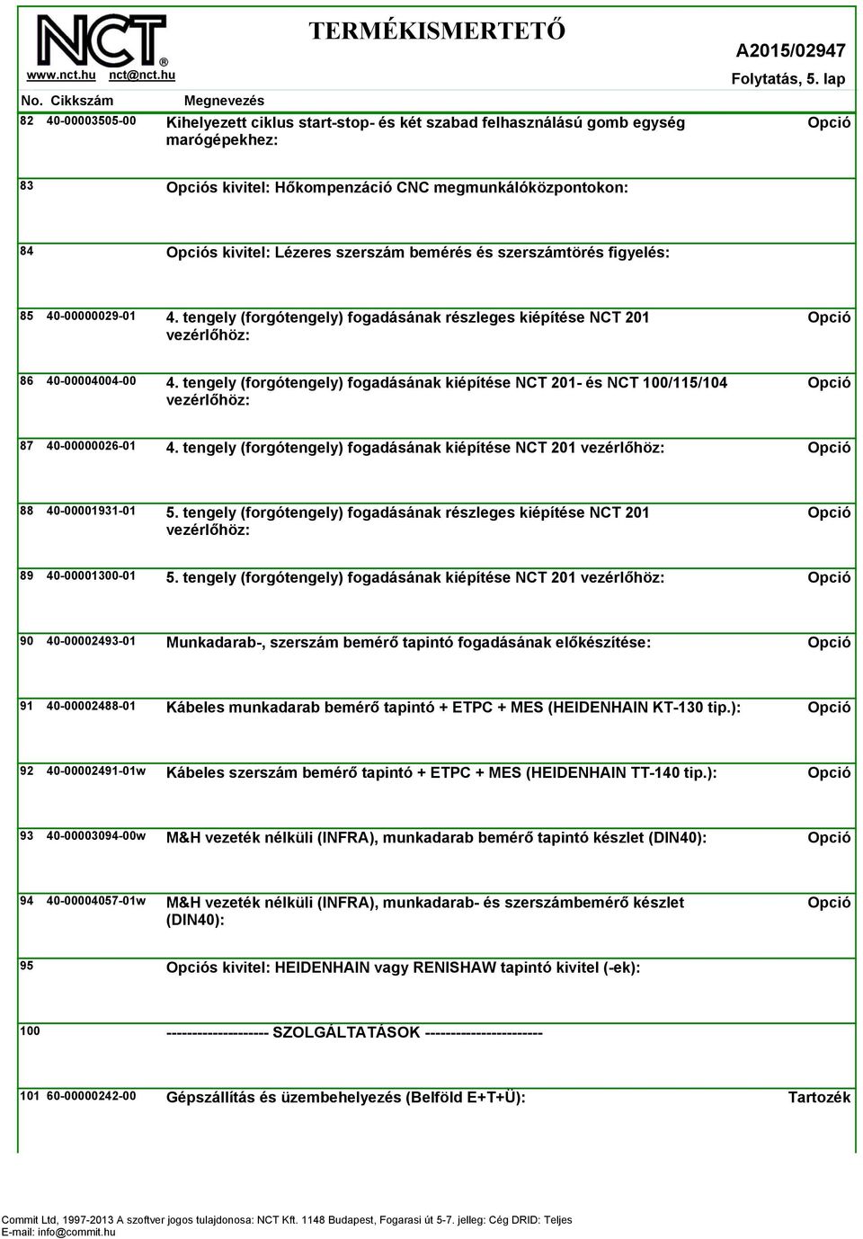 és szerszámtörés figyelés: 85 40-00000029-01 4. tengely (forgótengely) fogadásának részleges kiépítése NCT 201 vezérlőhöz: 86 40-00004004-00 4.