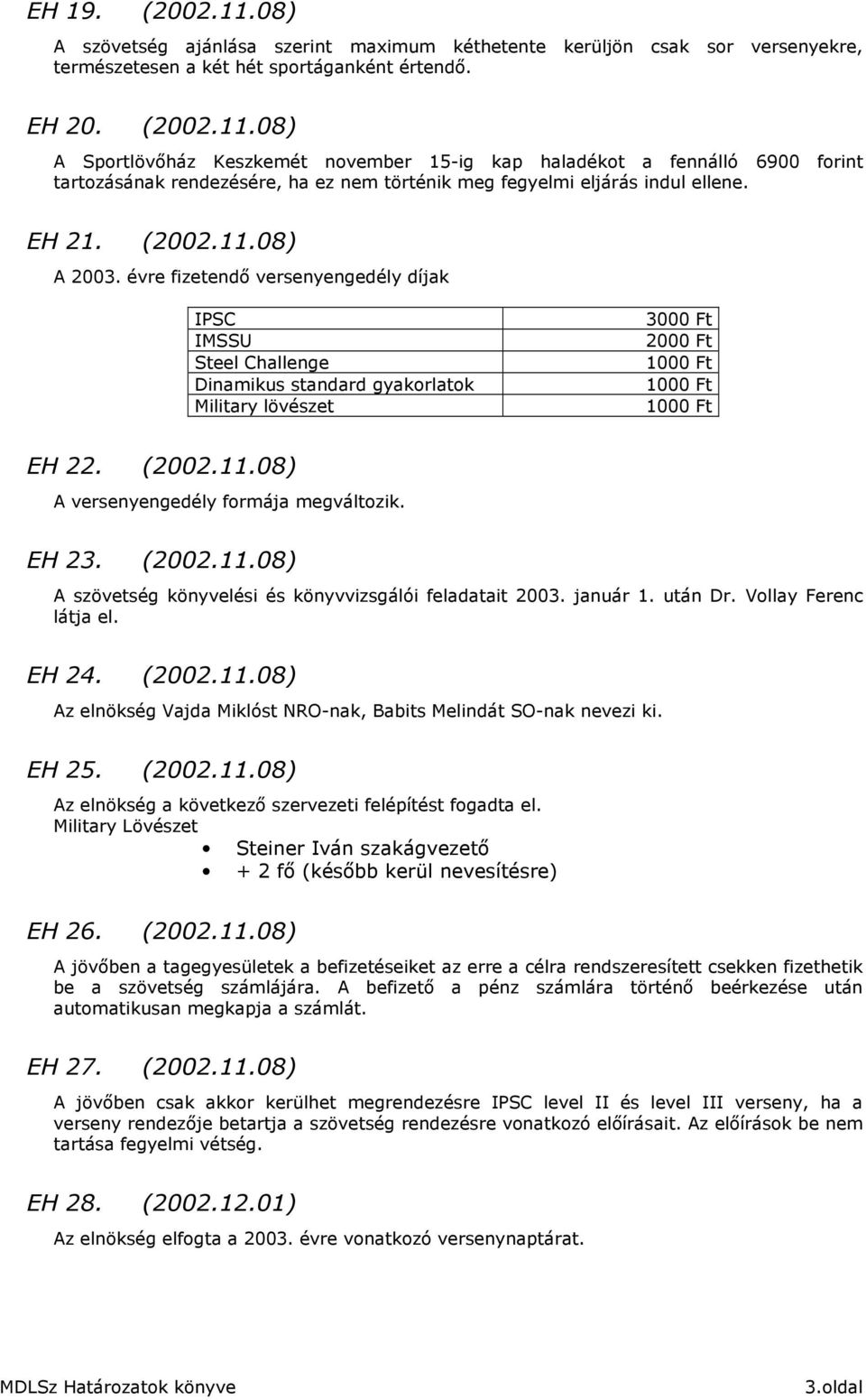 EH 23. (2002.11.08) A szövetség könyvelési és könyvvizsgálói feladatait 2003. január 1. után Dr. Vollay Ferenc látja el. EH 24. (2002.11.08) Az elnökség Vajda Miklóst NRO-nak, Babits Melindát SO-nak nevezi ki.