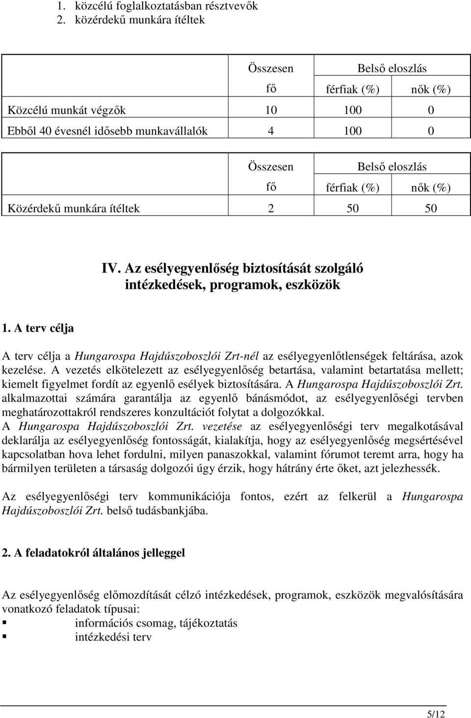 Közérdekő munkára ítéltek 2 50 50 IV. Az esélyegyenlıség biztosítását szolgáló intézkedések, programok, eszközök 1.