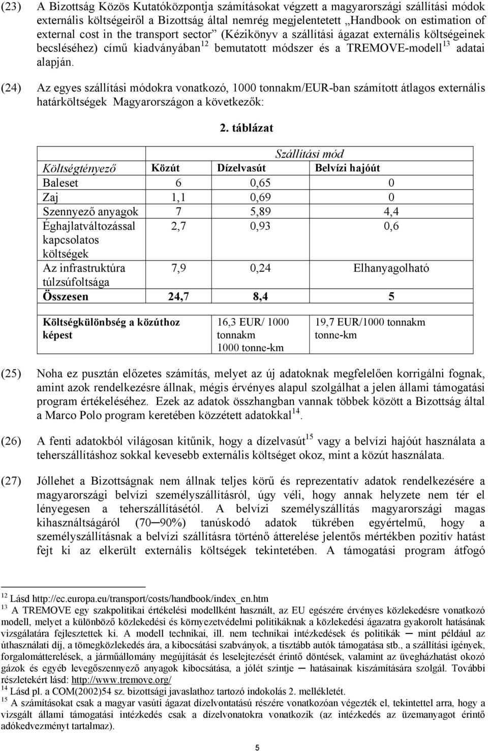 (24) Az egyes szállítási módokra vonatkozó, 1000 tonnakm/eur-ban számított átlagos externális határköltségek Magyarországon a következők: 2.