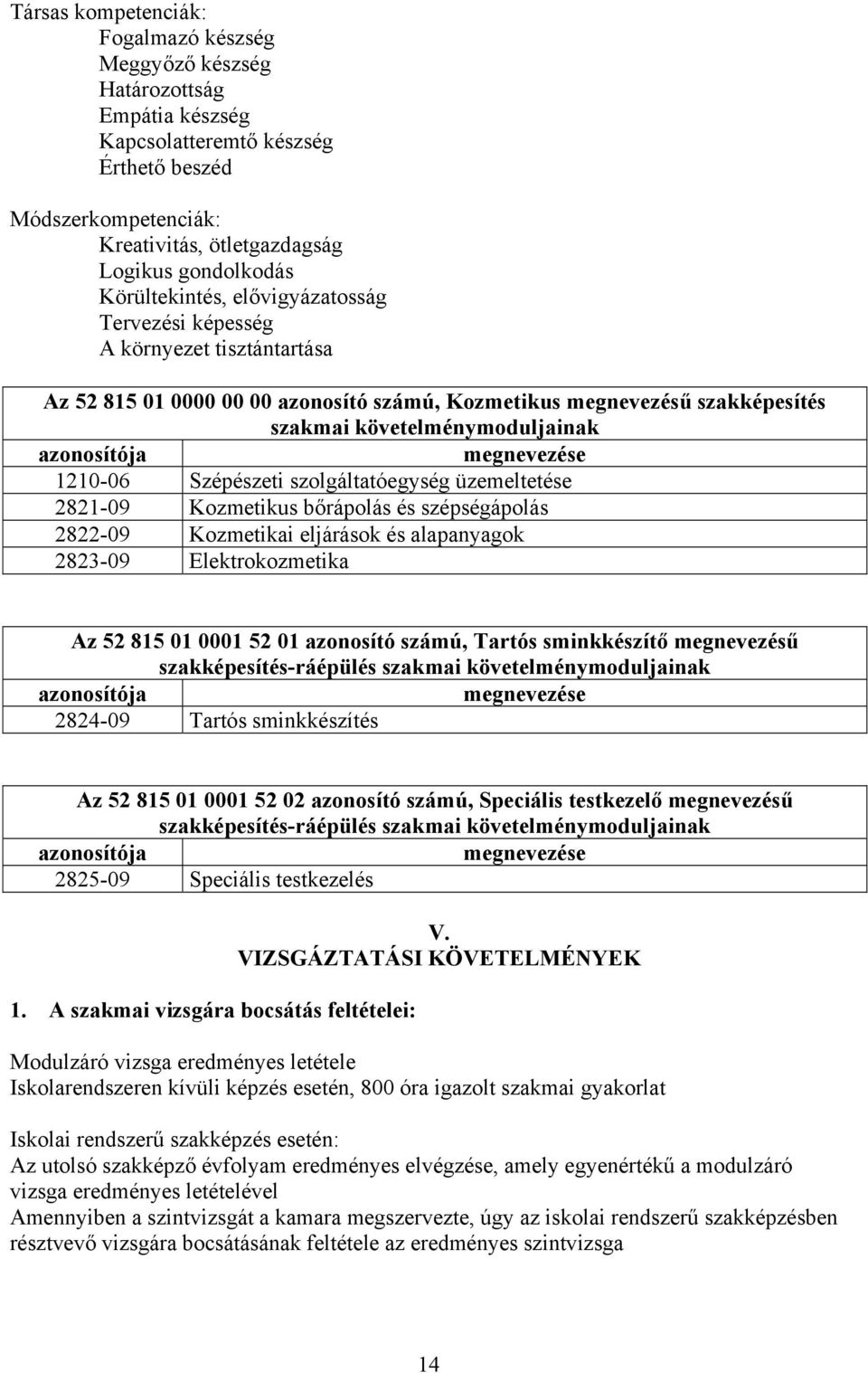 megnevezése 1210-06 Szépészeti szolgáltatóegység üzemeltetése 2821-09 Kozmetikus bőrápolás és szépségápolás 2822-09 Kozmetikai eljárások és alapanyagok 2823-09 Elektrokozmetika z 52 815 01 0001 52 01