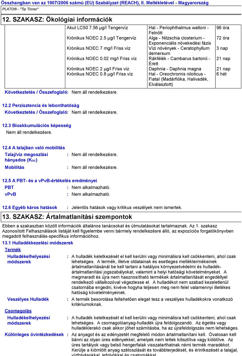 5 µg/l Tengervíz Alga Nitzschia closterium 72 óra Exponenciális növekedési fázis Krónikus NOEC 7 mg/l Friss víz Vízi növények Ceratophyllum 3 nap demersum Krónikus NOEC 0.