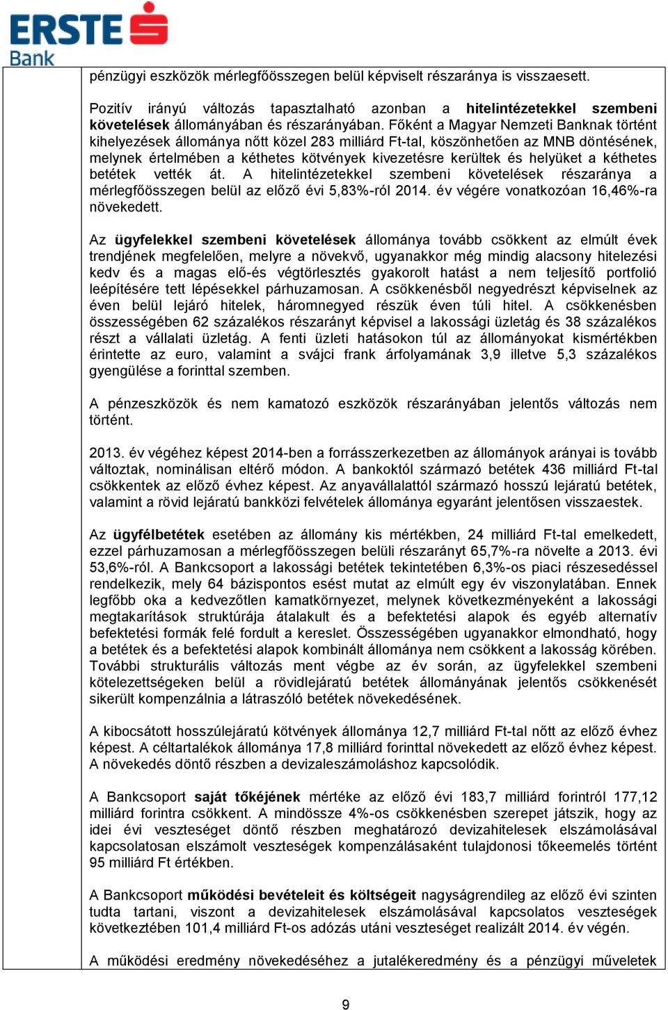 a kéthetes betétek vették át. A hitelintézetekkel szembeni követelések részaránya a mérlegfőösszegen belül az előző évi 5,83%-ról 2014. év végére vonatkozóan 16,46%-ra növekedett.