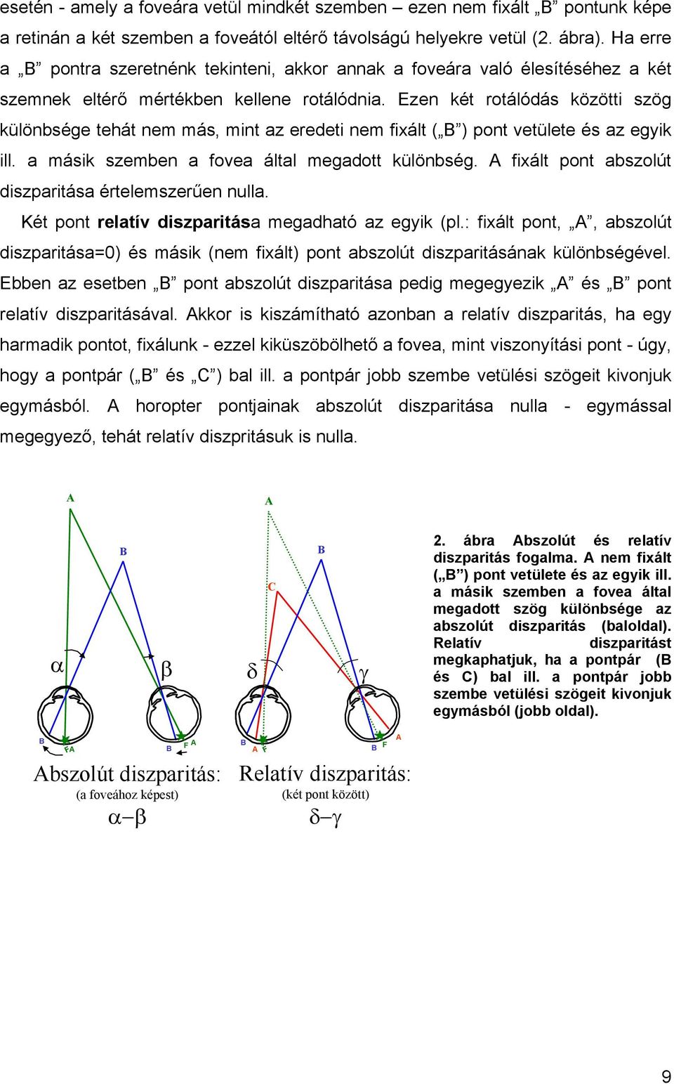 Ezen két rotálódás közötti szög különbsége tehát nem más, mint az eredeti nem fixált ( B ) pont vetülete és az egyik ill. a másik szemben a fovea által megadott különbség.