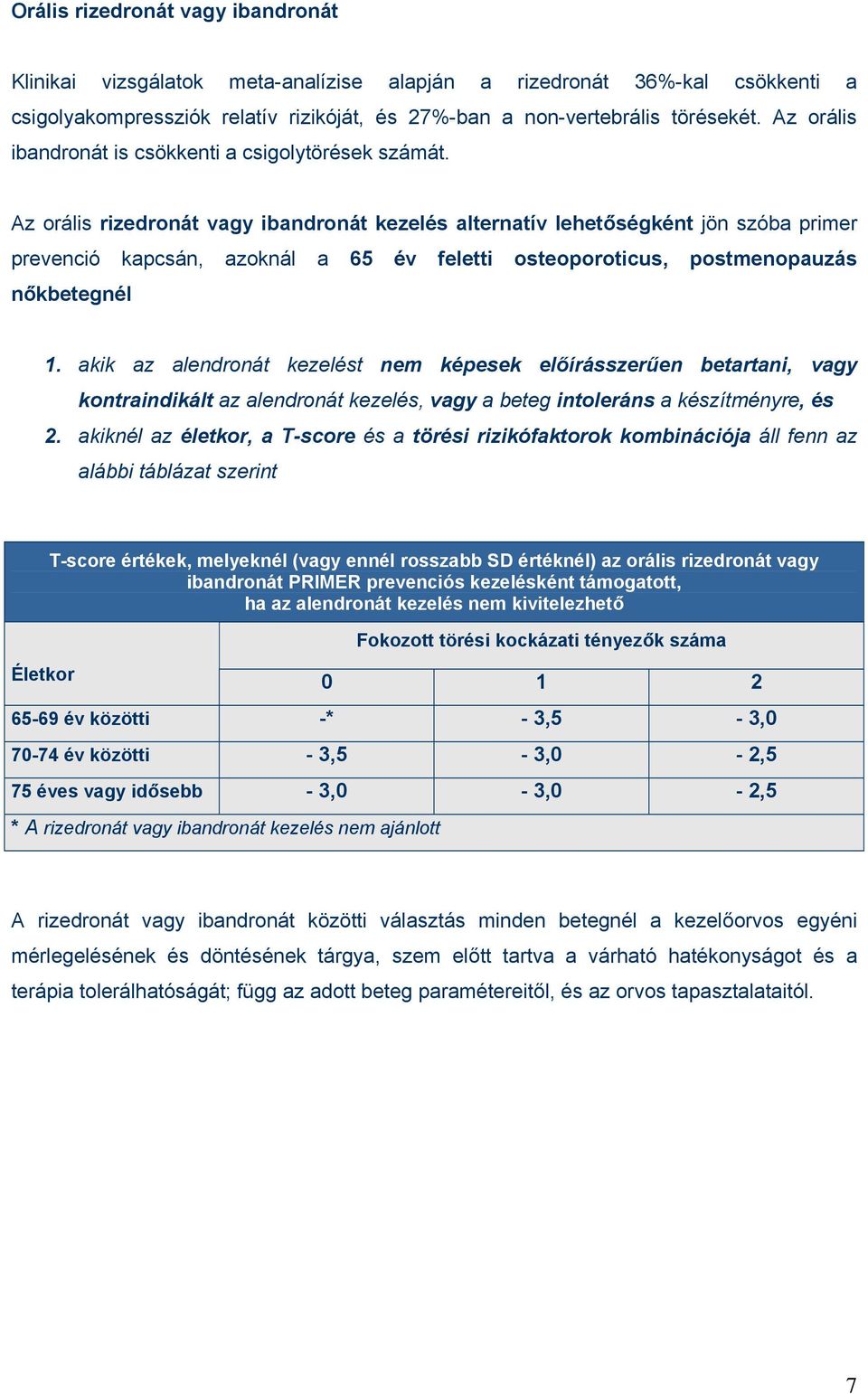 Az orális rizedronát vagy ibandronát kezelés alternatív lehetőségként jön szóba primer prevenció kapcsán, azoknál a 65 év feletti osteoporoticus, postmenopauzás nőkbetegnél 1.