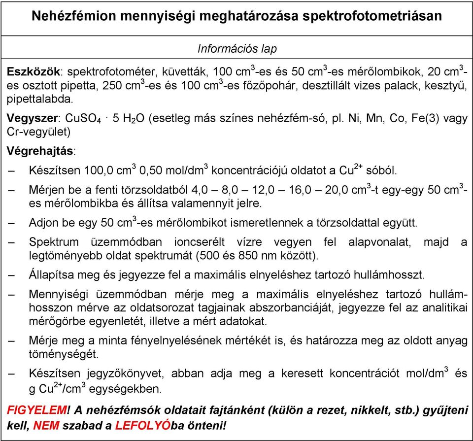 Ni, Mn, Co, Fe(3) vagy Cr-vegyület) Végrehajtás: Készítsen 100,0 cm 3 0,50 mol/dm 3 koncentrációjú oldatot a Cu 2+ sóból.