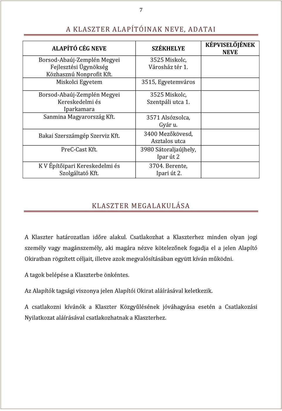 SZÉKHELYE 3525 Miskolc, Városház tér 1. 3515, Egyetemváros 3525 Miskolc, Szentpáli utca 1. 3571 Alsózsolca, Gyár u. 3400 Mezőkövesd, Asztalos utca 3980 Sátoraljaújhely, Ipar út 2 3704.