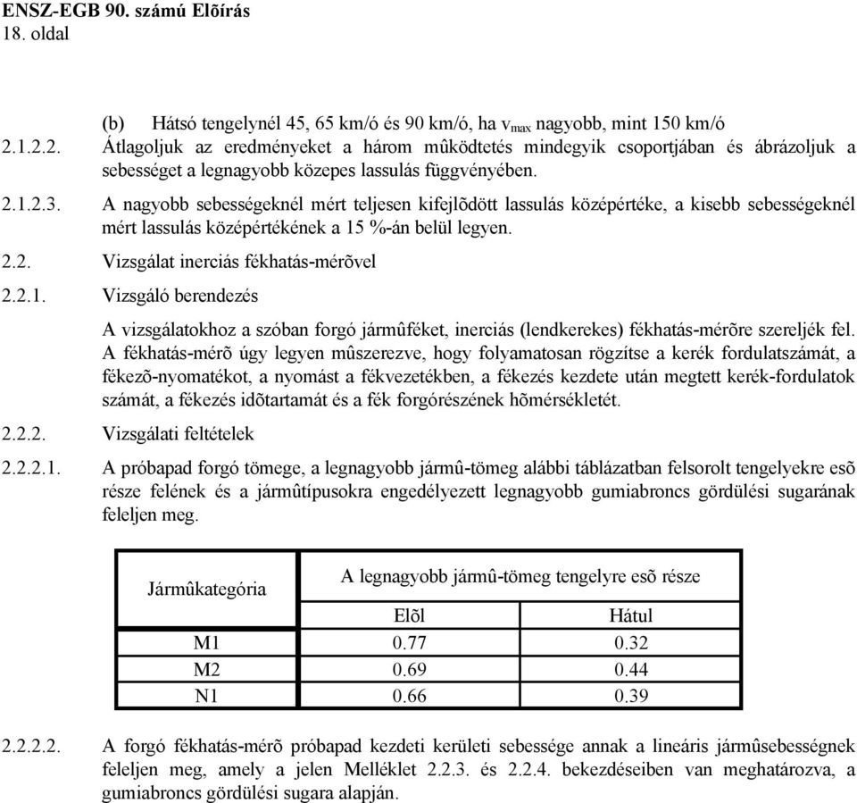 A nagyobb sebességeknél mért teljesen kifejlõdött lassulás középértéke, a kisebb sebességeknél mért lassulás középértékének a 15