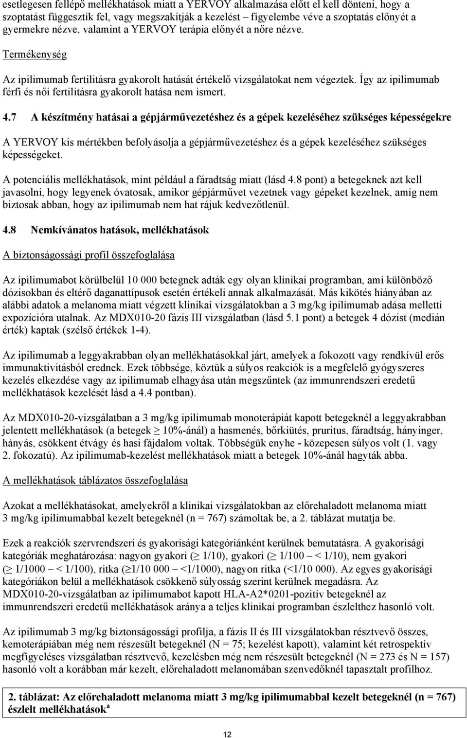 Így az ipilimumab férfi és női fertilitásra gyakorolt hatása nem ismert. 4.