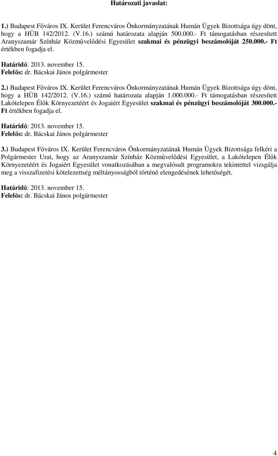 Bácskai János polgármester 2.) Budapest Főváros IX. Kerület Ferencváros Önkormányzatának Humán Ügyek Bizottsága úgy dönt, hogy a HÜB 142/2012. (V.16.) számú határozata alapján 1.000.