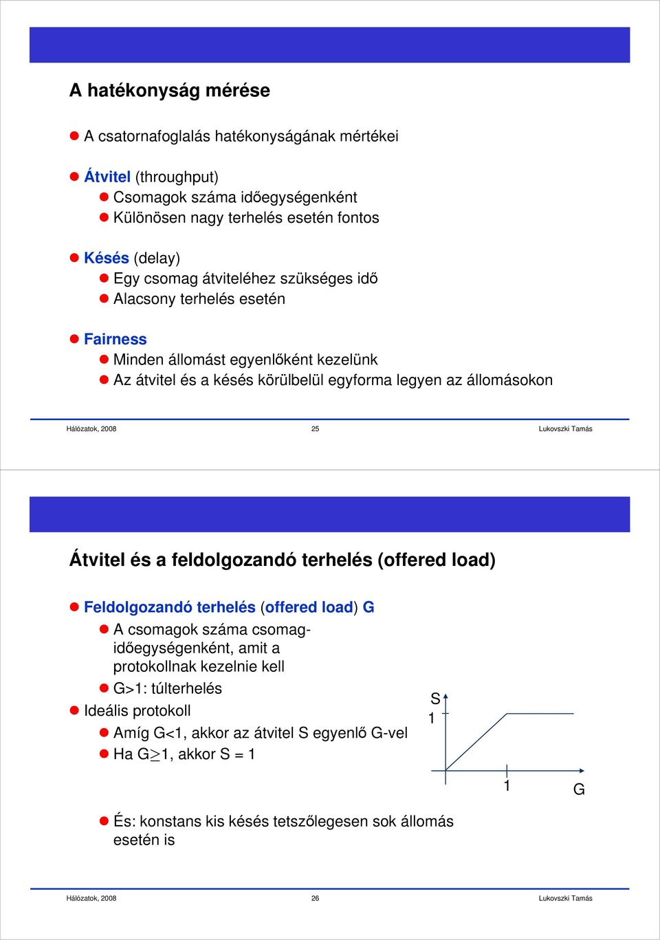 állomásokon 25 Átvitel és a feldolgozandó terhelés (offered load) Feldolgozandó terhelés (offered load) G A csomagok száma csomagidőegységenként, amit a protokollnak