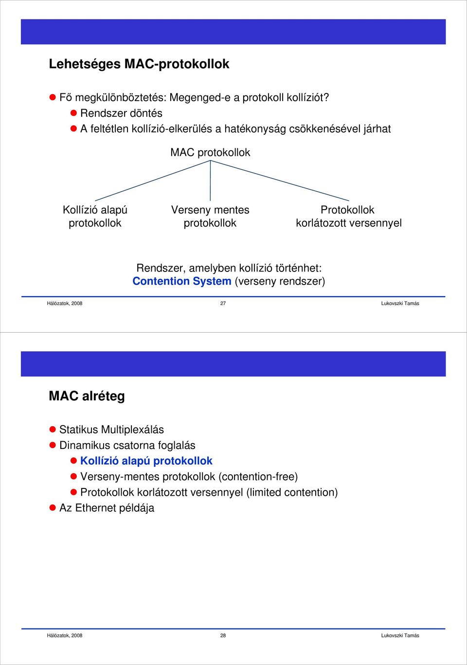 protokollok Protokollok korlátozott versennyel Rendszer, amelyben kollízió történhet: Contention System (verseny rendszer) 27 MAC alréteg