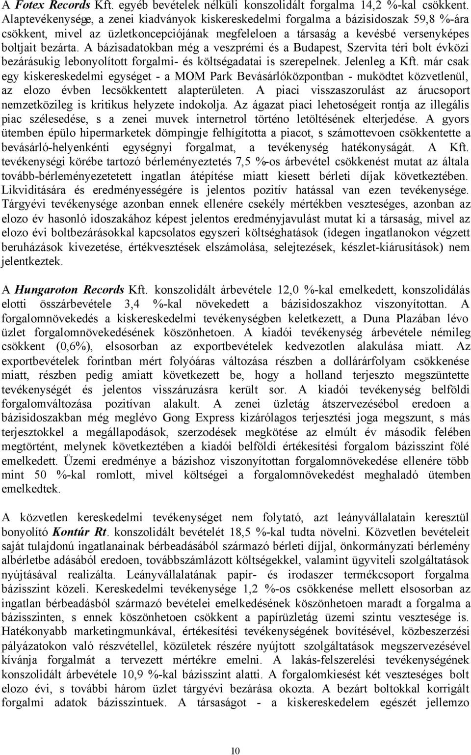 A bázisadatokban még a veszprémi és a Budapest, Szervita téri bolt évközi bezárásukig lebonyolított forgalmi- és költségadatai is szerepelnek. Jelenleg a Kft.