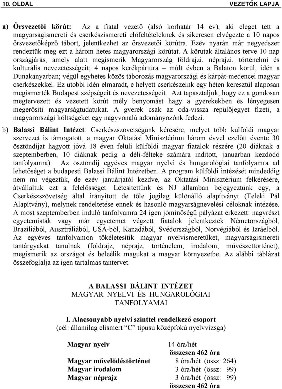 A körutak általános terve 10 nap országjárás, amely alatt megismerik Magyarország földrajzi, néprajzi, történelmi és kulturális nevezetességeit; 4 napos kerékpártúra múlt évben a Balaton körül, idén