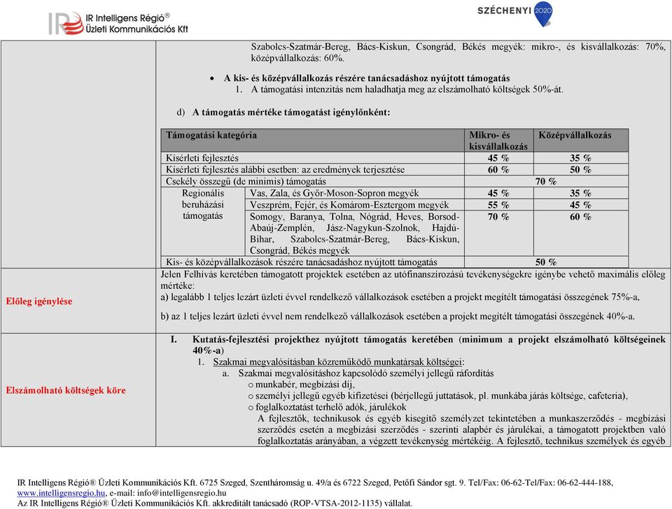 d) A támogatás mértéke támogatást igénylőnként: Előleg igénylése Elszámolható költségek köre Támogatási kategória Mikro- és Középvállalkozás kisvállalkozás Kísérleti fejlesztés 45 % 35 % Kísérleti