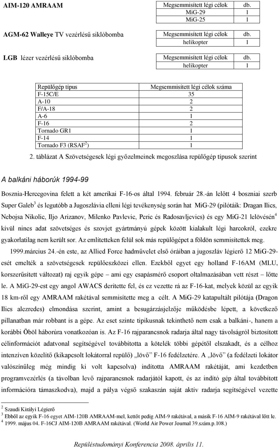 helikopter 1 Repülőgép típus Megsemmisített légi célok száma F-15C/E 35 A-10 2 F/A-18 2 A-6 1 F-16 2 Tornado GR1 1 F-14 1 Tornado F3 (RSAF 2 ) 1 2.