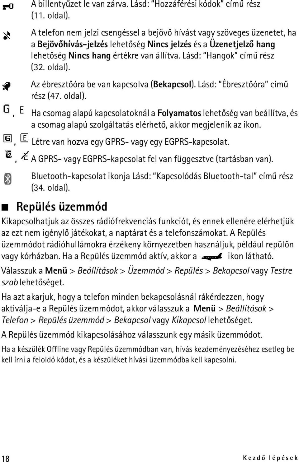 Lásd: Hangok címû rész (32. oldal). Az ébresztõóra be van kapcsolva (Bekapcsol). Lásd: Ébresztõóra címû rész (47. oldal)., Ha csomag alapú kapcsolatoknál a Folyamatos lehetõség van beállítva, és a csomag alapú szolgáltatás elérhetõ, akkor megjelenik az ikon.