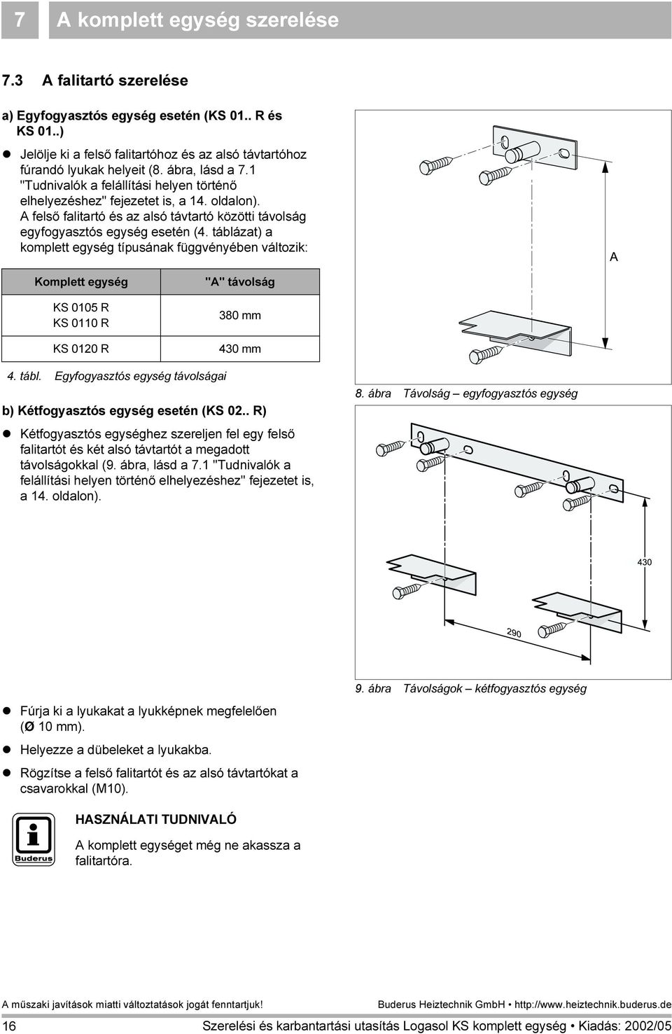 táblázat) a komplett egység típusának függvényében változik: Komplett egység KS 005 R KS 00 R KS 020 R "A" távolság 380 mm 430 mm 4. tábl.