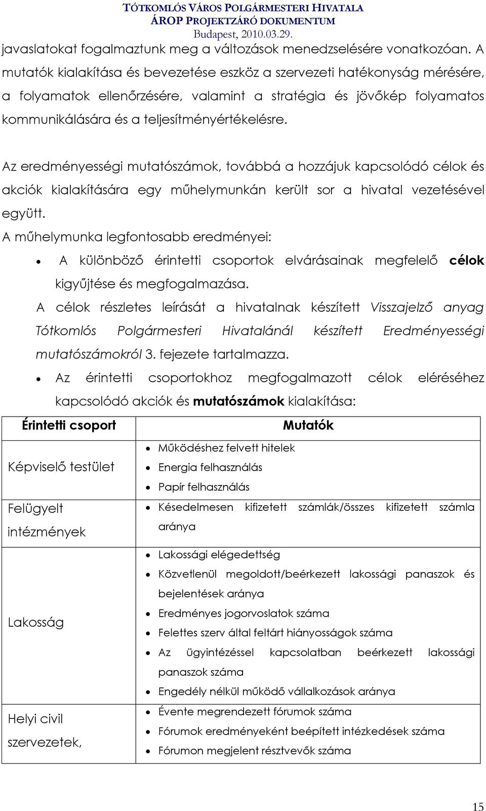 Az eredményességi mutatószámok, továbbá a hozzájuk kapcsolódó célok és akciók kialakítására egy műhelymunkán került sor a hivatal vezetésével együtt.