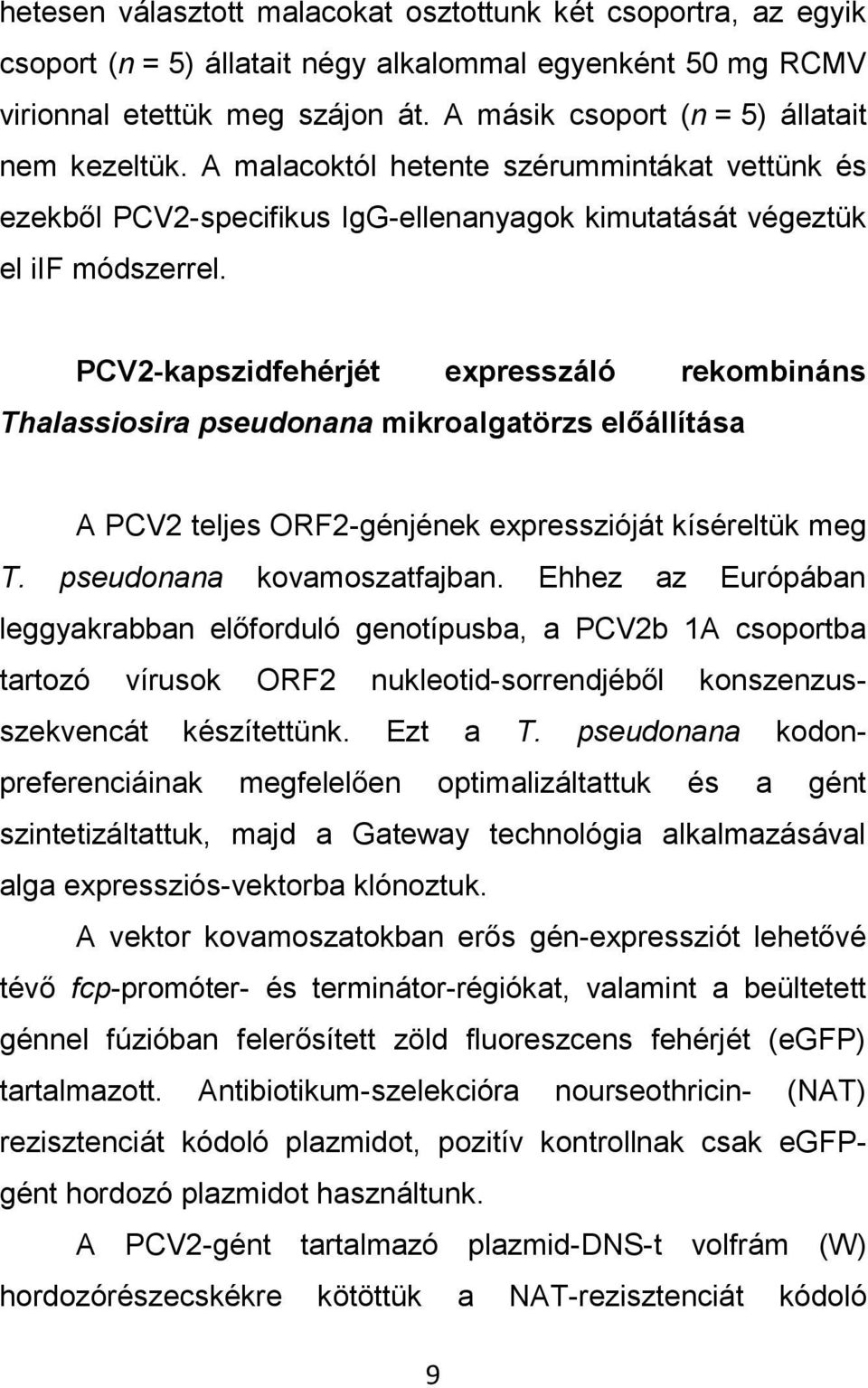 PCV2-kapszidfehérjét expresszáló rekombináns Thalassiosira pseudonana mikroalgatörzs előállítása A PCV2 teljes ORF2-génjének expresszióját kíséreltük meg T. pseudonana kovamoszatfajban.